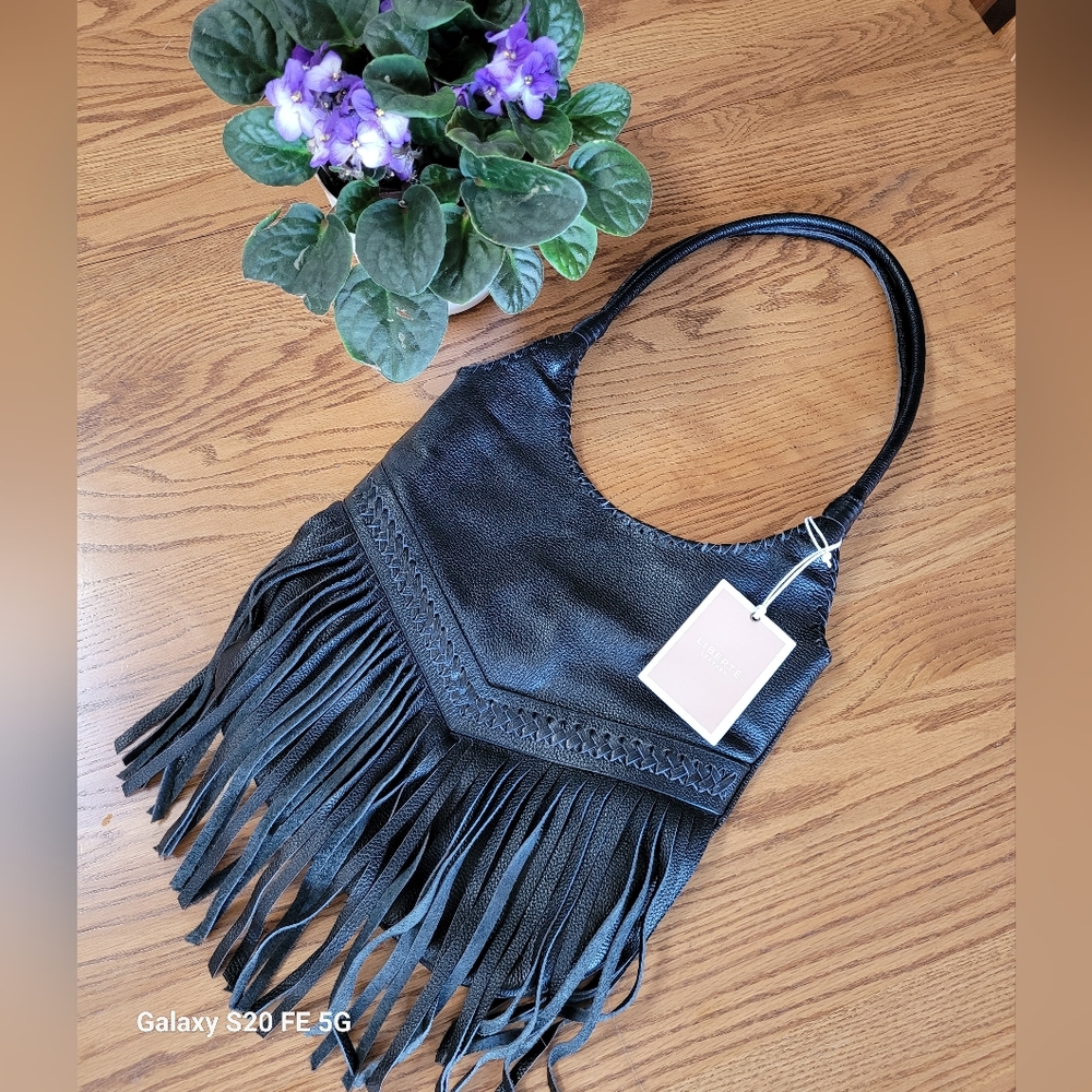 NWT Liberte Handmade Genuine Leather Hobo Bag. Black with fringe.